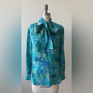 ALTUZARRA VISAGE GREEN BLUE FLORAL PRINT BLOUSE W/ NECK TIE